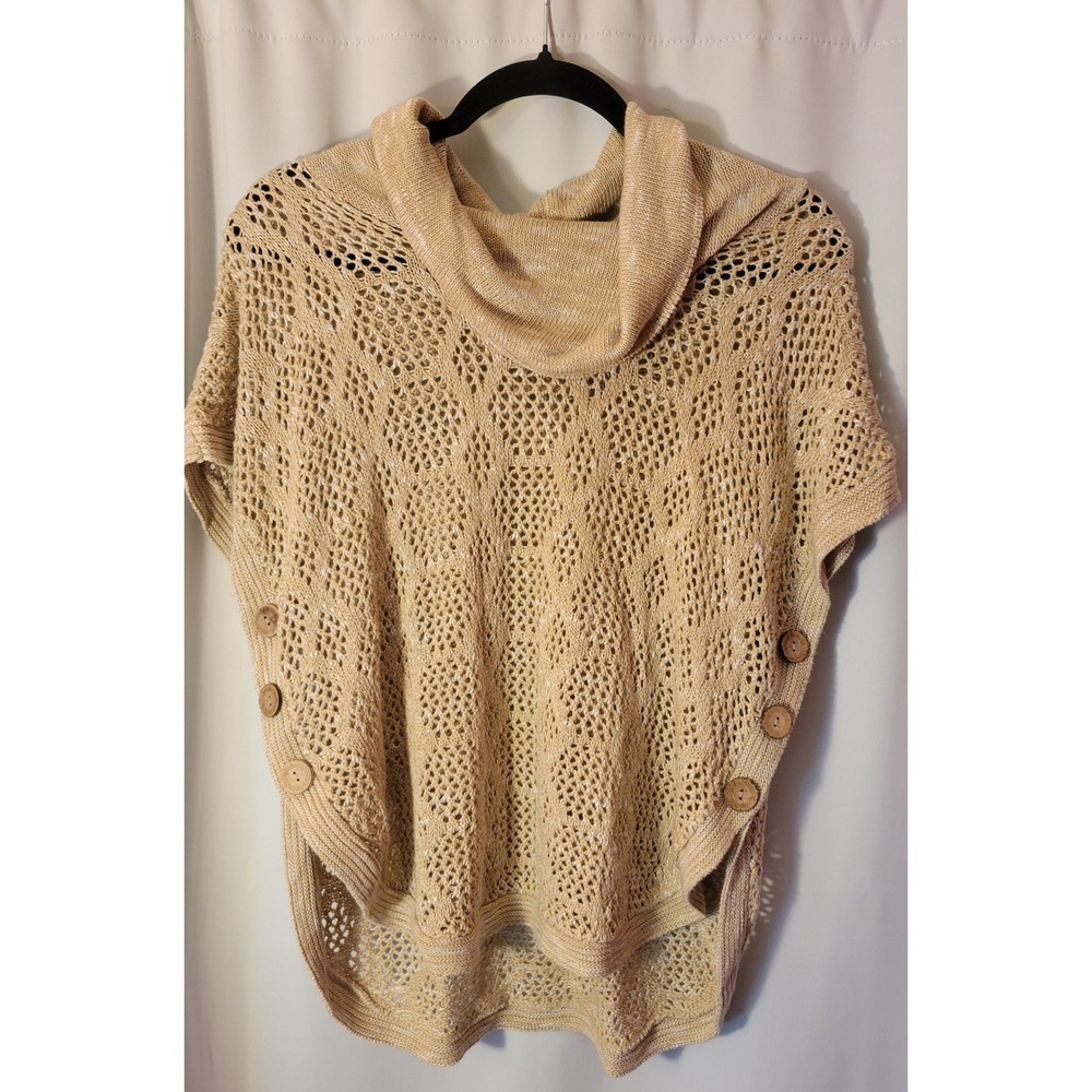 Christopher & Banks Open Knit Poncho Sweater Tan Cowl Neck L/XL